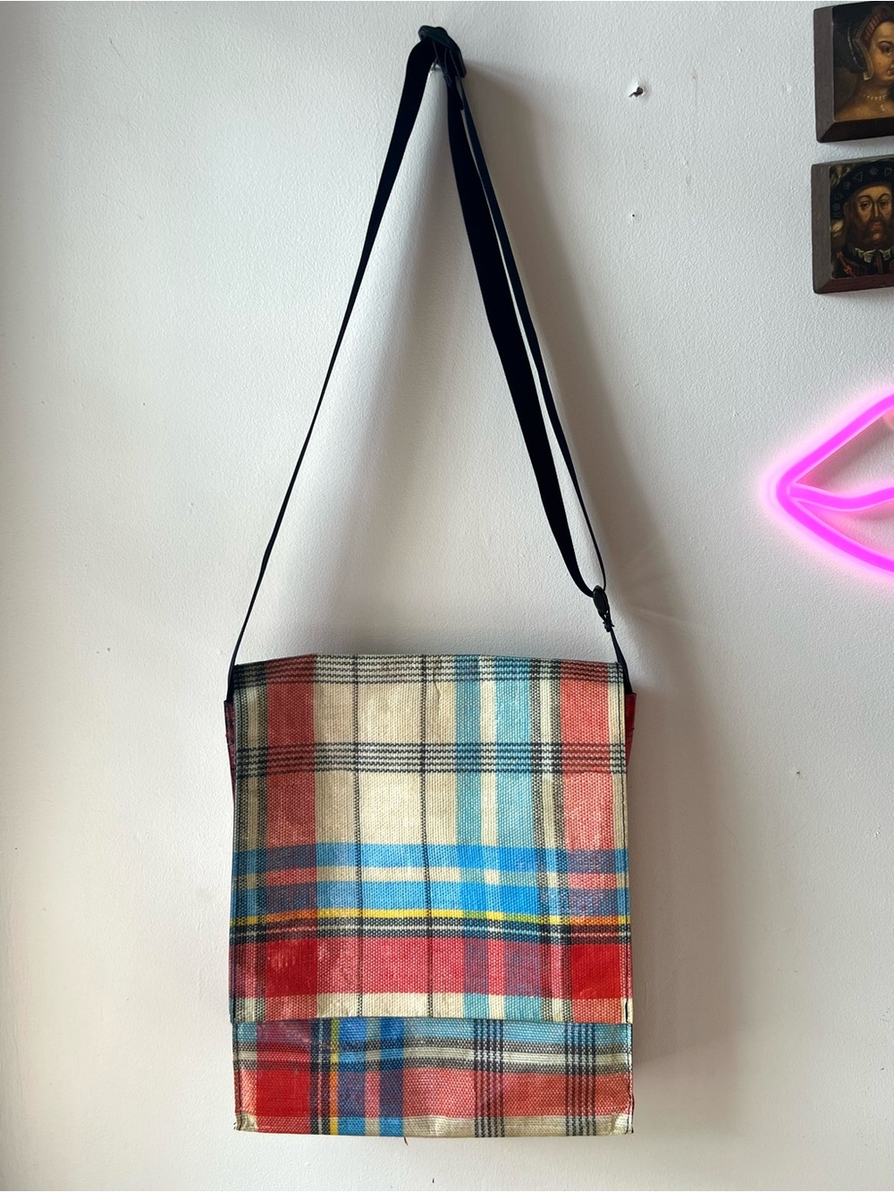 Blue Q Plaid Crossbody Messenger Bag in Red, Blue and Cream